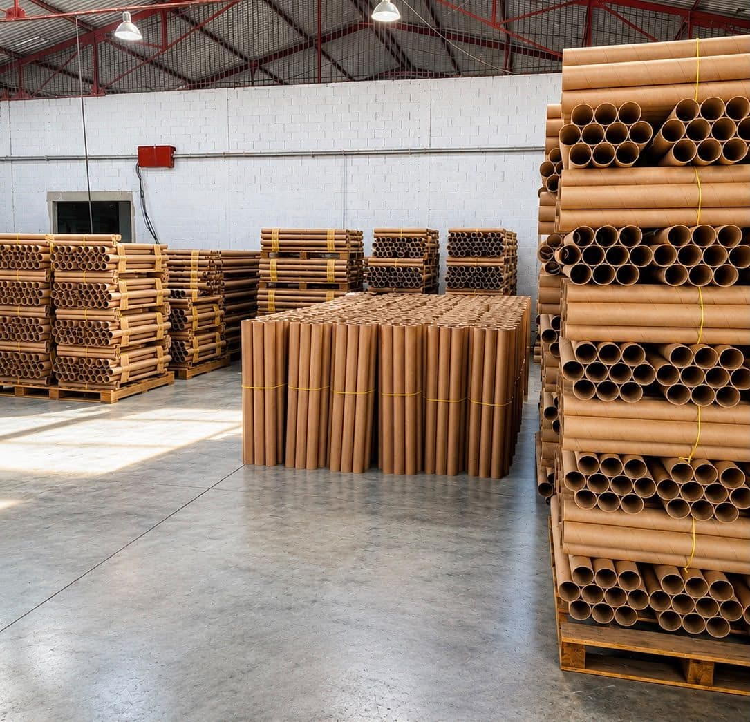Cores de cartón kraft apilados sobre paletas en la planta de MAMULCA en Maracay