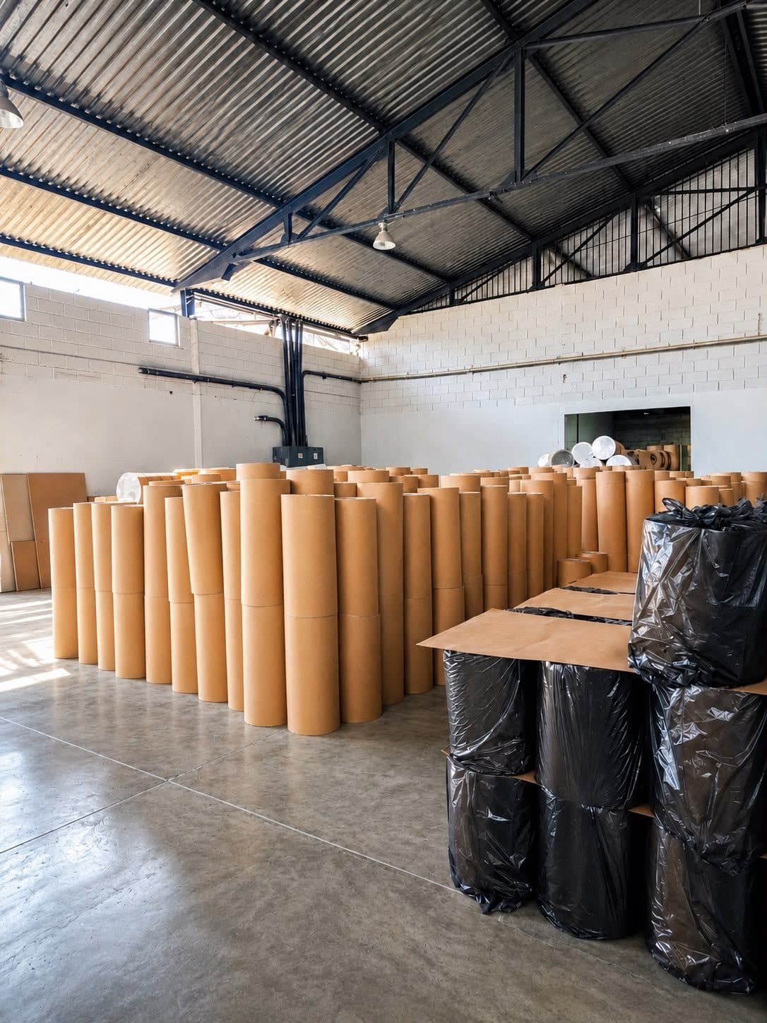 Tubos de cartón y producto embalado en el almacén de MAMULCA